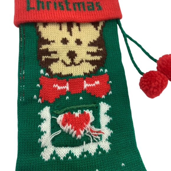 Vtg Christmas Knitted Cat Stocking Pom Poms "Meowy Christmas Text 15” Green Red - Picture 3 of 5